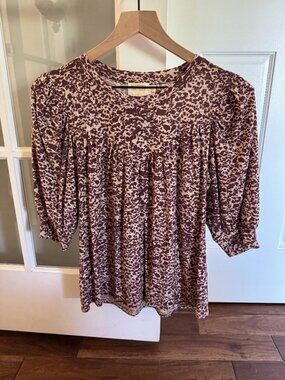 Nation LTD Brown Animal Speckle Print Puff Shoulder Blouse